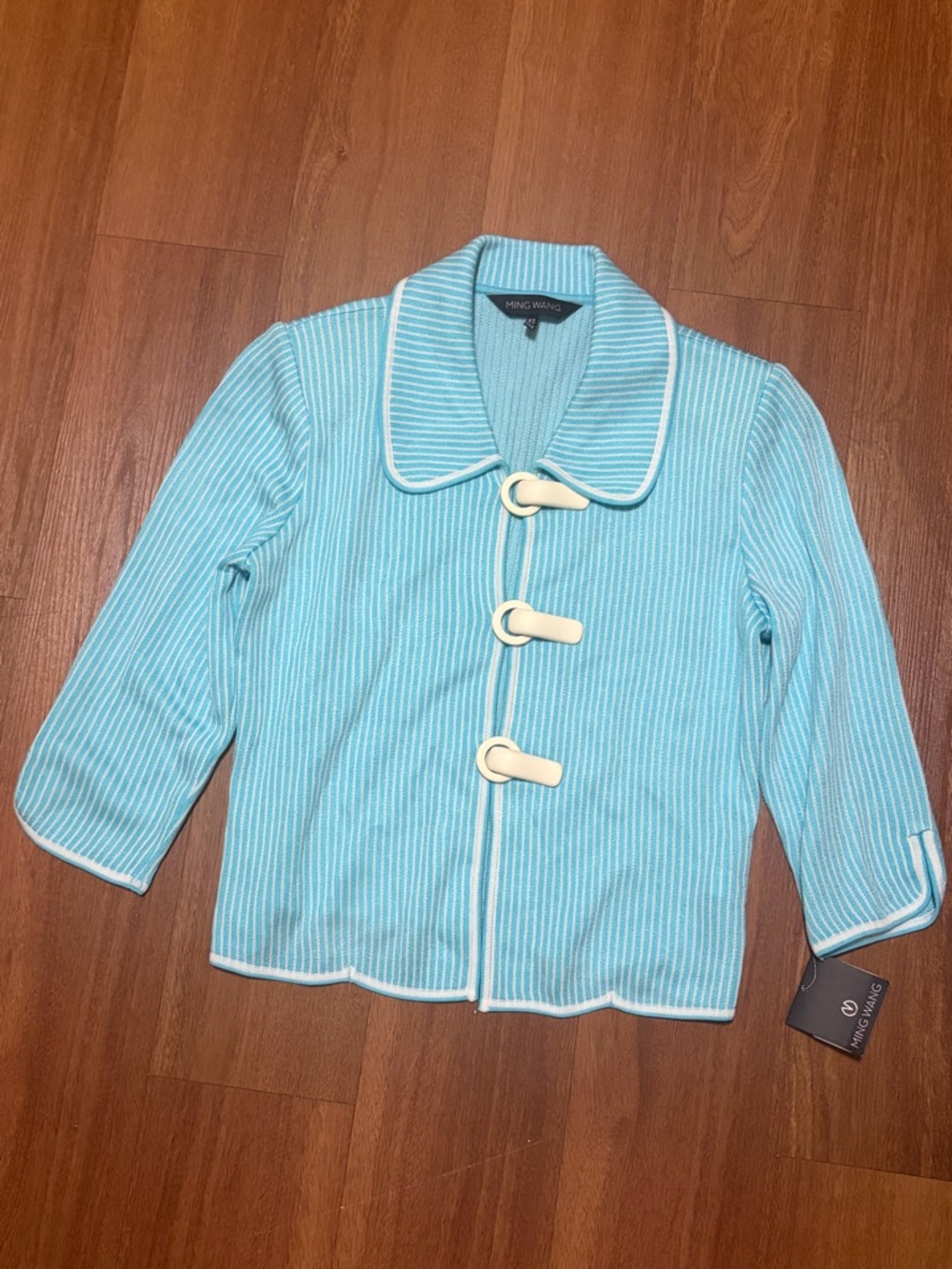 Ming Wang Aqua Vertical Striped Knit Cardigan Cream Magnetic Toggles NWT XS